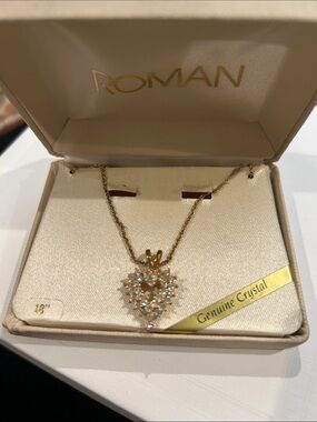 Roman Gold Heart Pendant Necklace with Clear Crystals